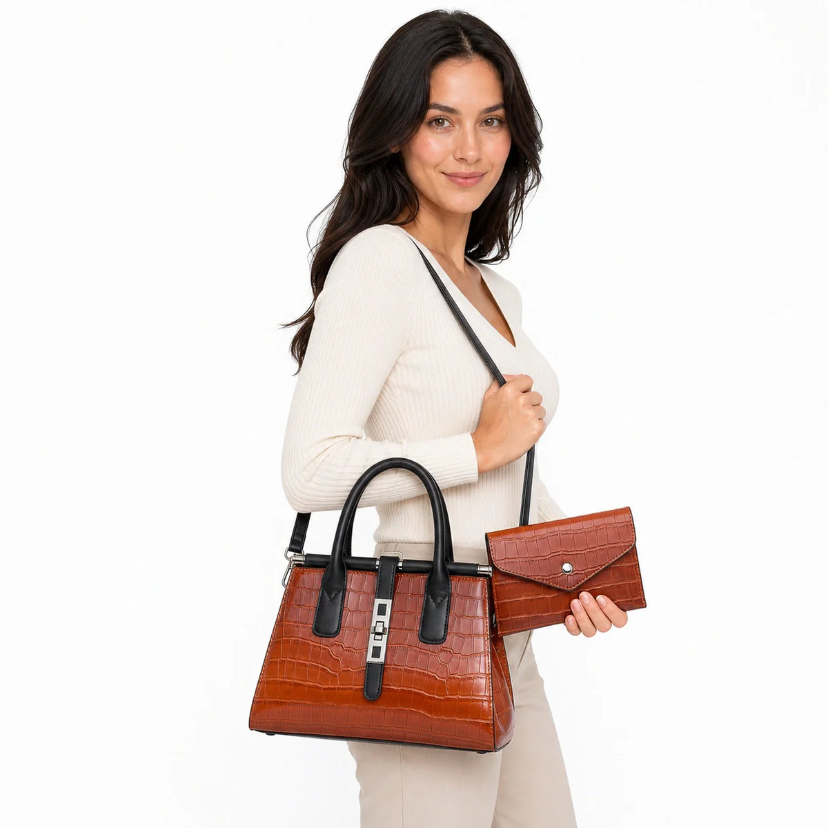 Gradient Crocodile Pattern Plutonium Leather Tote & Crossbody Set - Vero