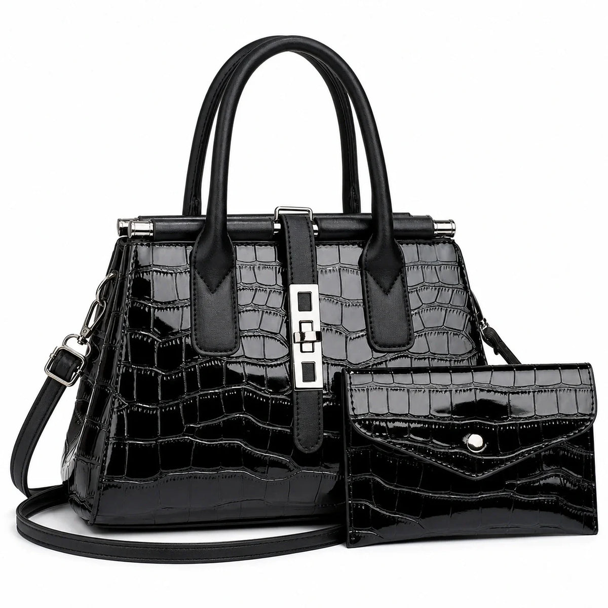 Gradient Crocodile Pattern Plutonium Leather Tote & Crossbody Set - Vero