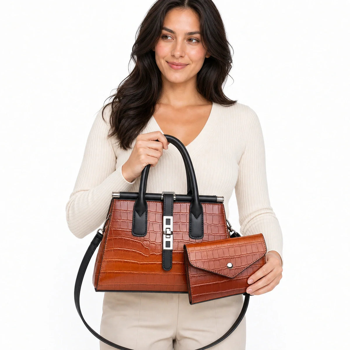 Gradient Crocodile Pattern Plutonium Leather Tote & Crossbody Set - Vero