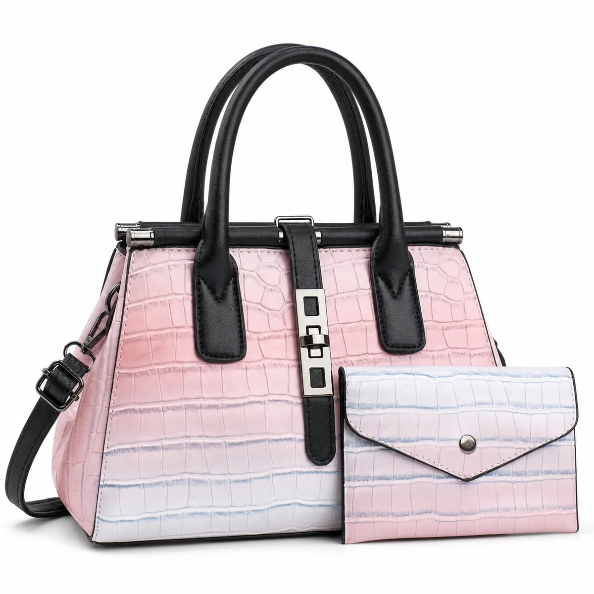 Gradient Crocodile Pattern Plutonium Leather Tote & Crossbody Set - Vero