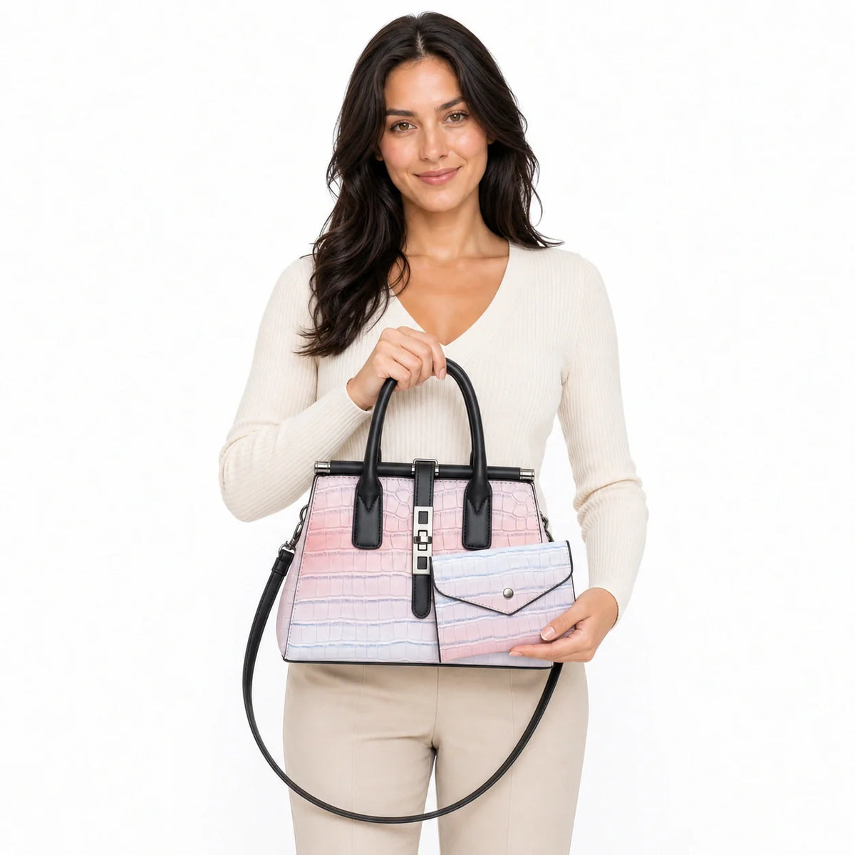 Gradient Crocodile Pattern Plutonium Leather Tote & Crossbody Set - Vero