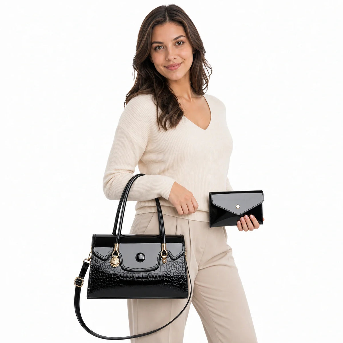 Crocodile Pattern Leather Crossbody Bag & Wallet Set - KIRA