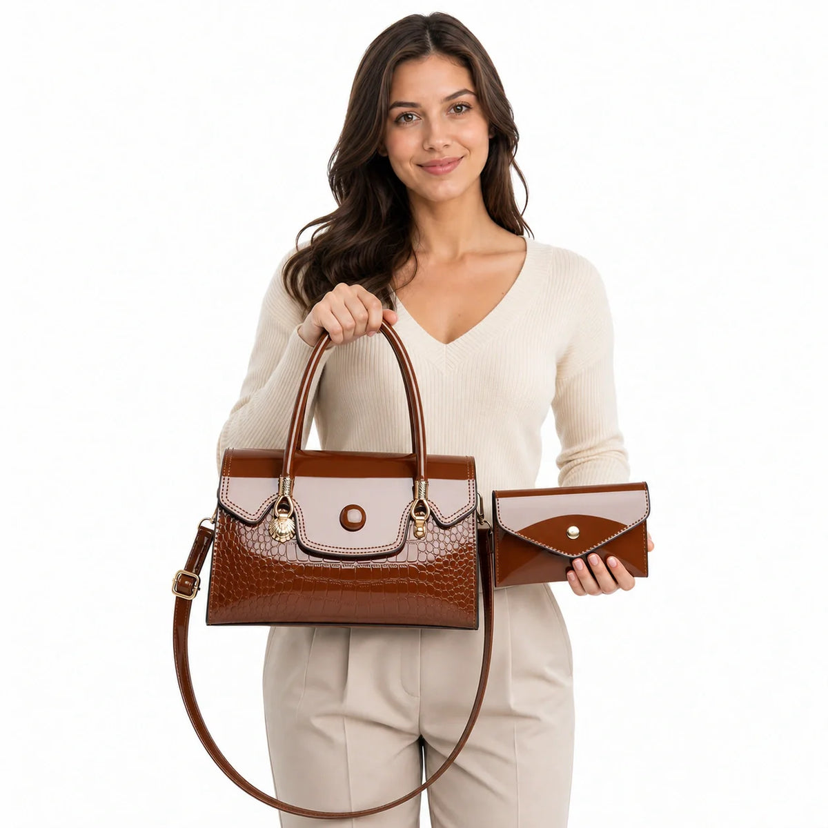Crocodile Pattern Leather Crossbody Bag & Wallet Set - KIRA