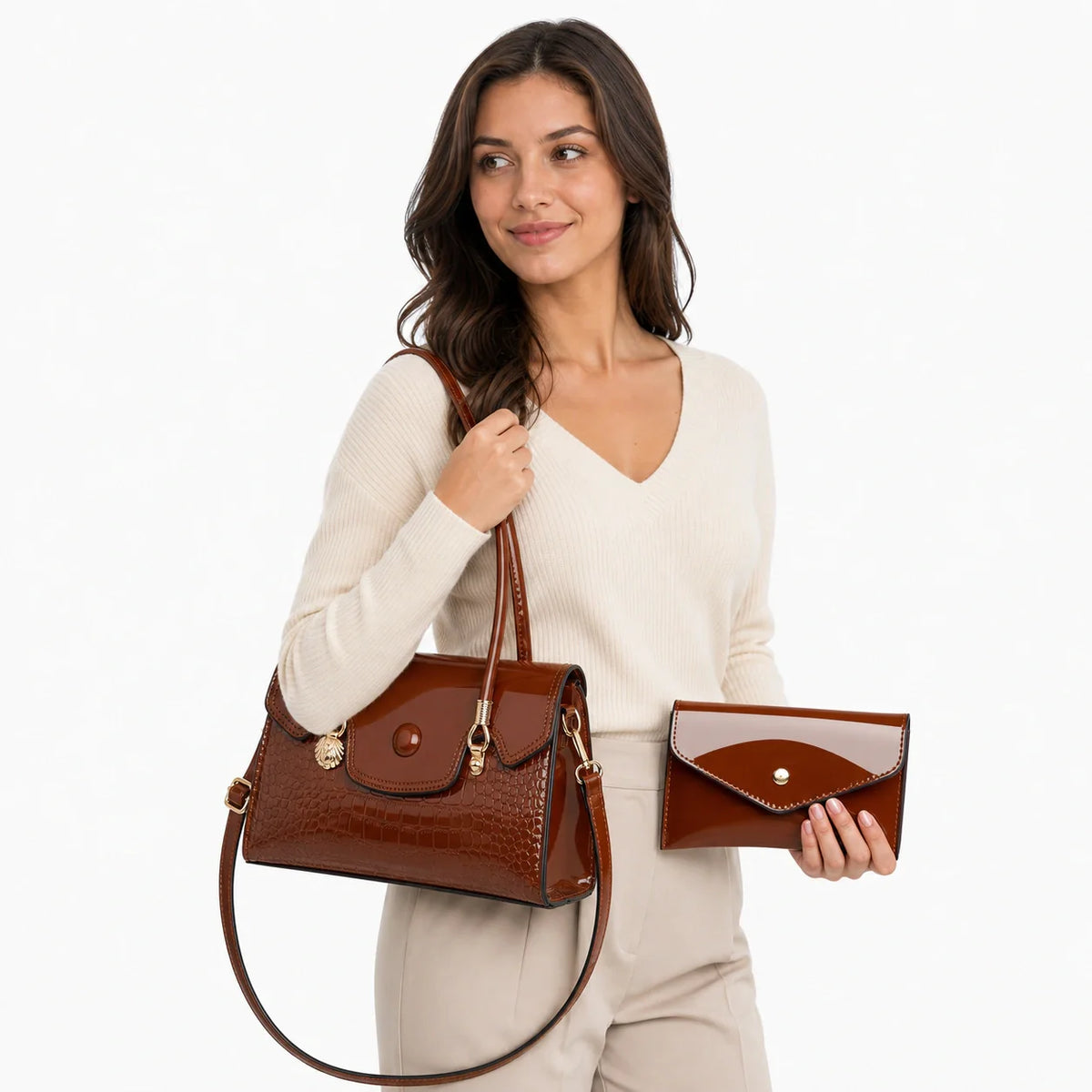 Crocodile Pattern Leather Crossbody Bag & Wallet Set - KIRA