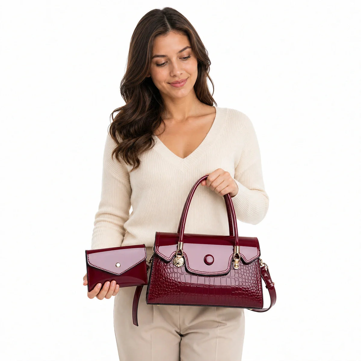 Crocodile Pattern Leather Crossbody Bag & Wallet Set - KIRA