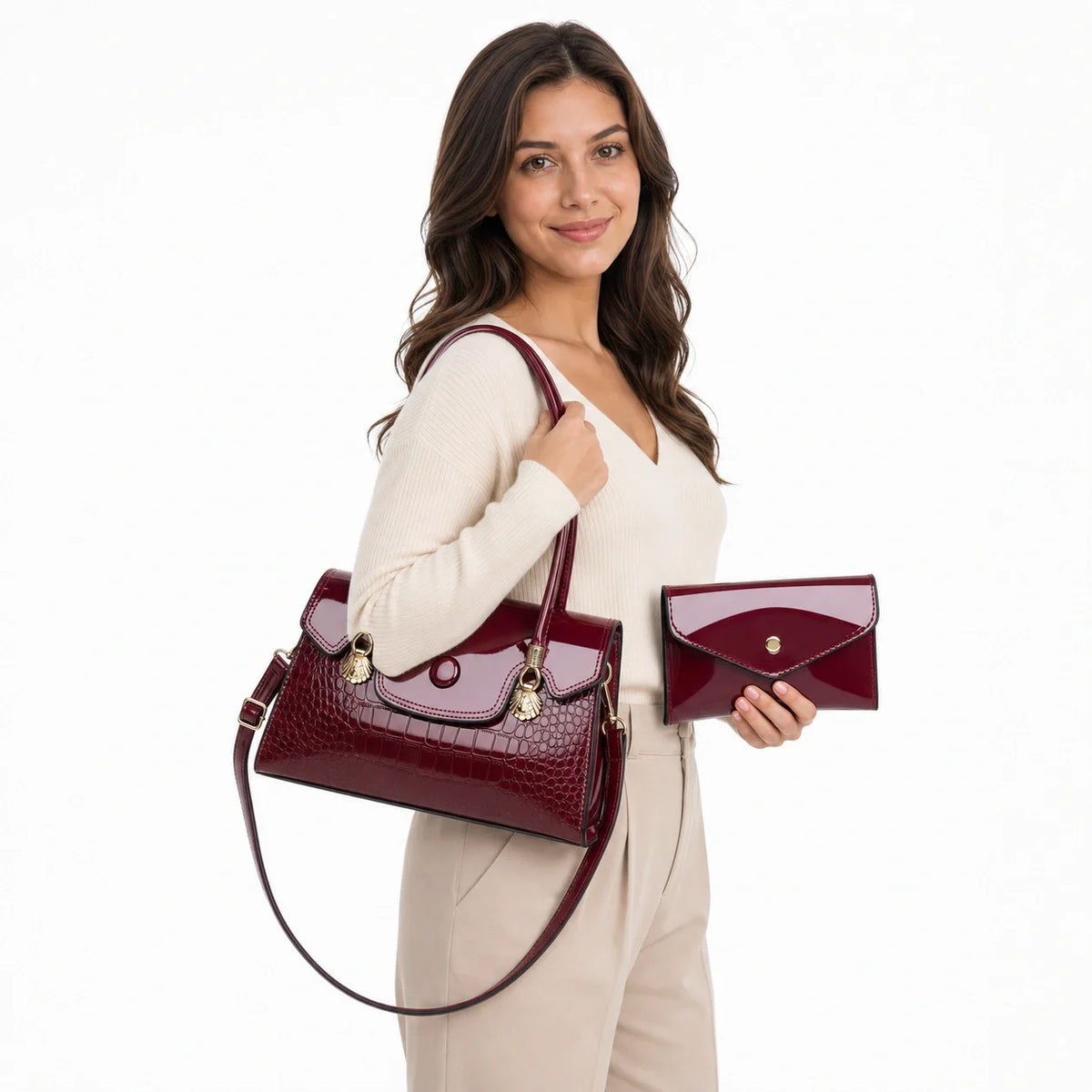 Crocodile Pattern Leather Crossbody Bag & Wallet Set - KIRA