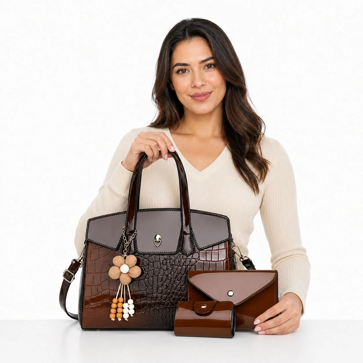 Crocodile Embossed Leather Tote Set - LURA