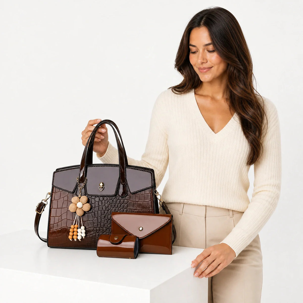 Crocodile Embossed Leather Tote Set - LURA