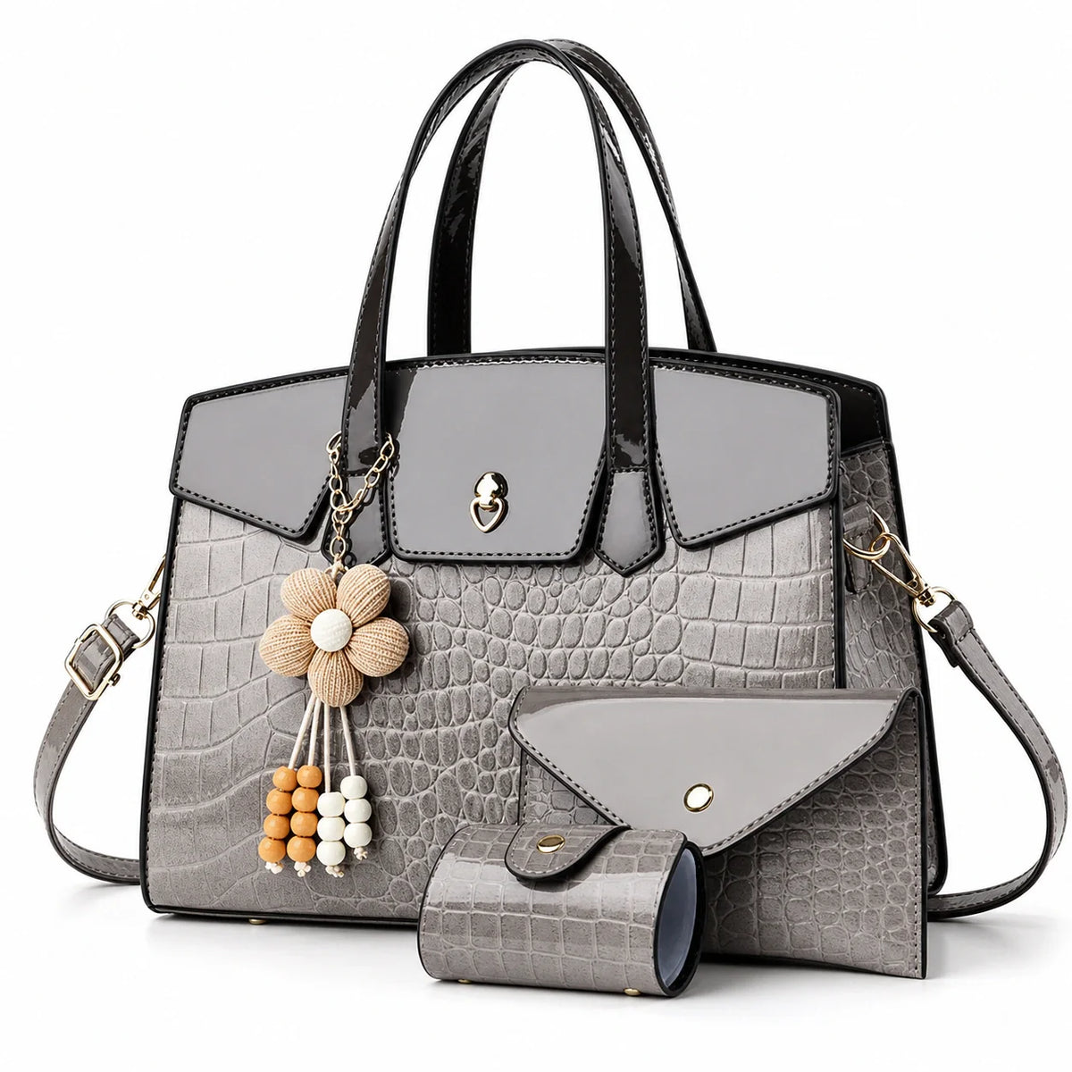 Crocodile Embossed Leather Tote Set - LURA