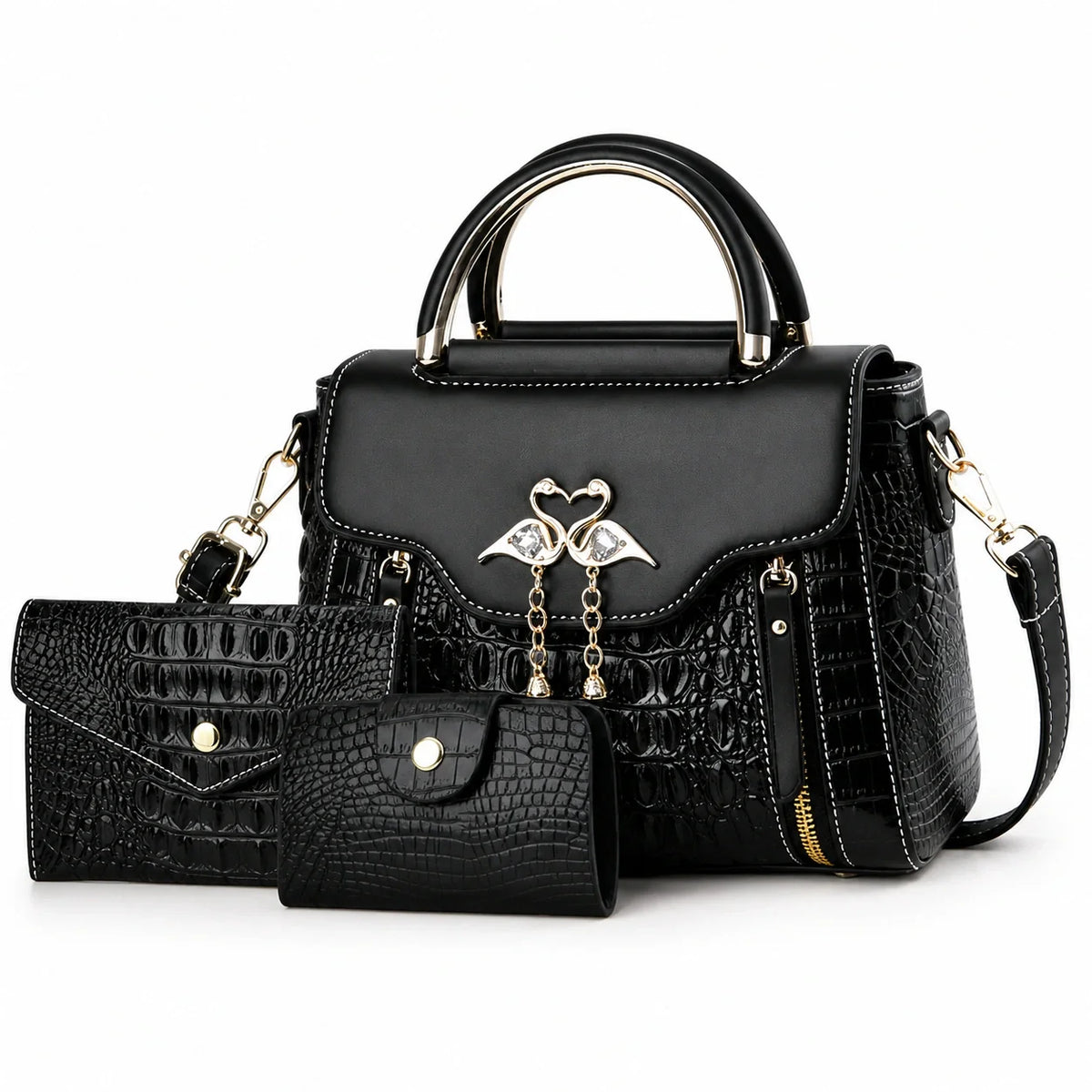 Crocodile Embossed Leather Handbag Set - Vexo