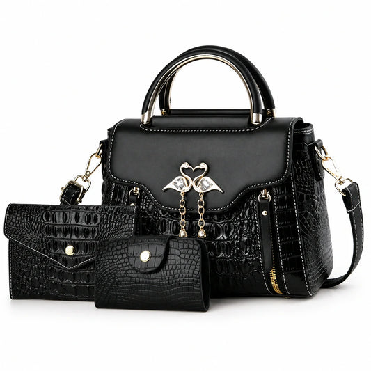 Crocodile Embossed Leather Handbag Set - Vexo