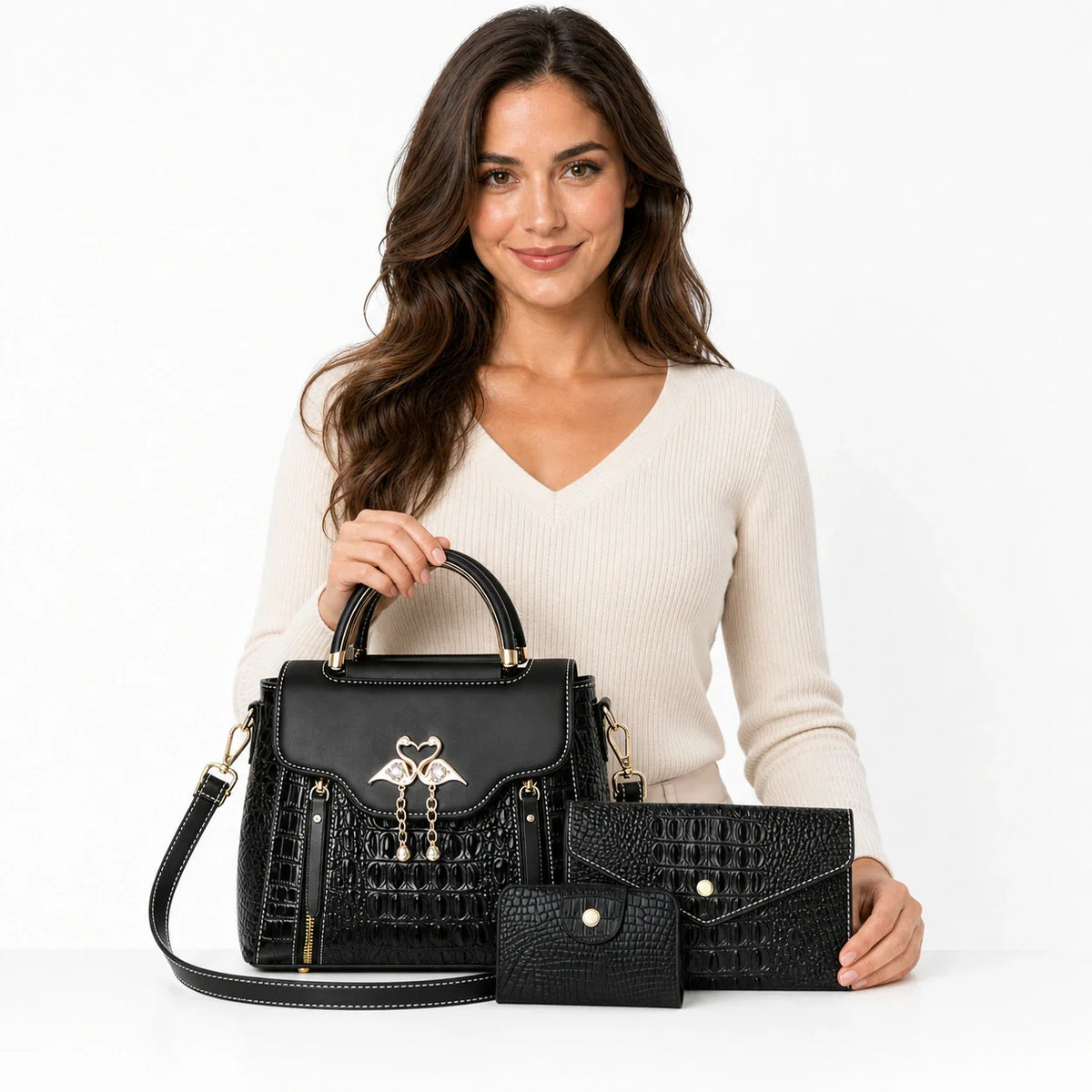 Crocodile Embossed Leather Handbag Set - Vexo