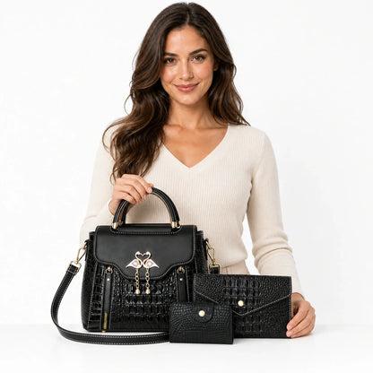 Crocodile Embossed Leather Handbag Set - Vexo