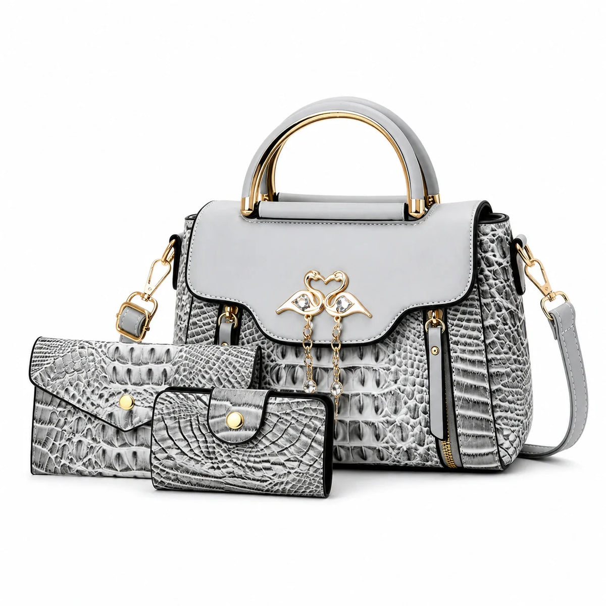 Crocodile Embossed Leather Handbag Set - Vexo