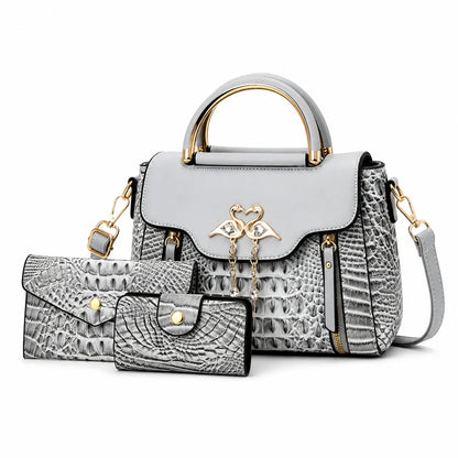 Crocodile Embossed Leather Handbag Set - Vexo