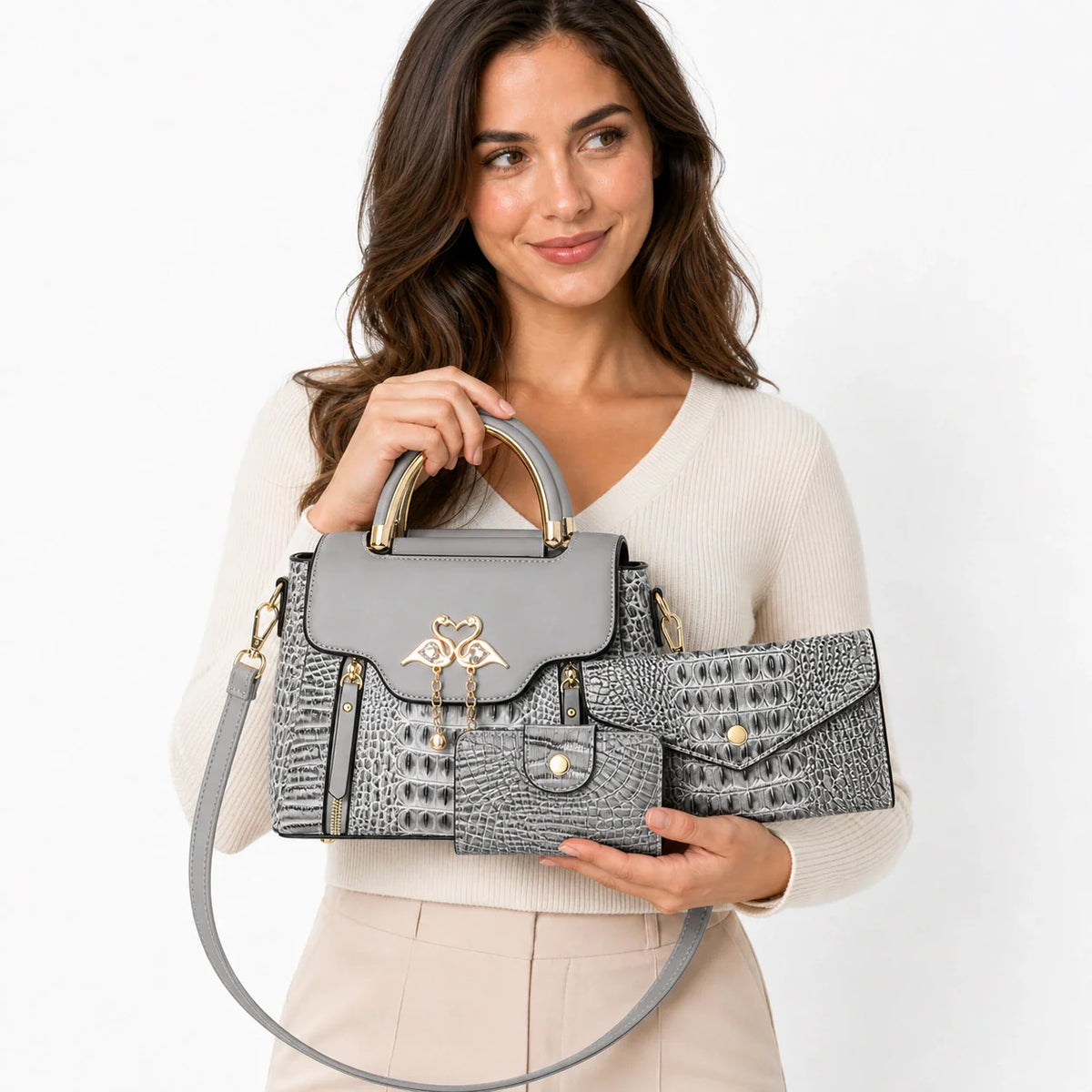 Crocodile Embossed Leather Handbag Set - Vexo