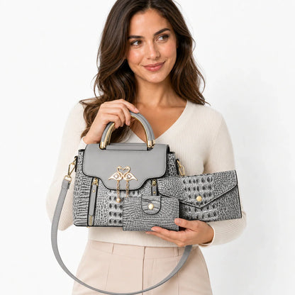 Crocodile Embossed Leather Handbag Set - Vexo