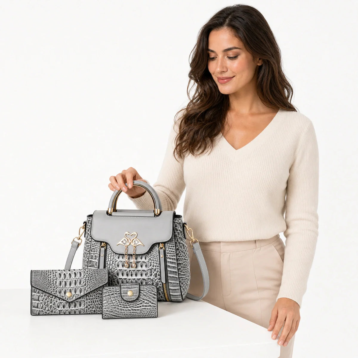 Crocodile Embossed Leather Handbag Set - Vexo