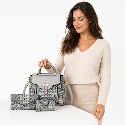 Crocodile Embossed Leather Handbag Set - Vexo