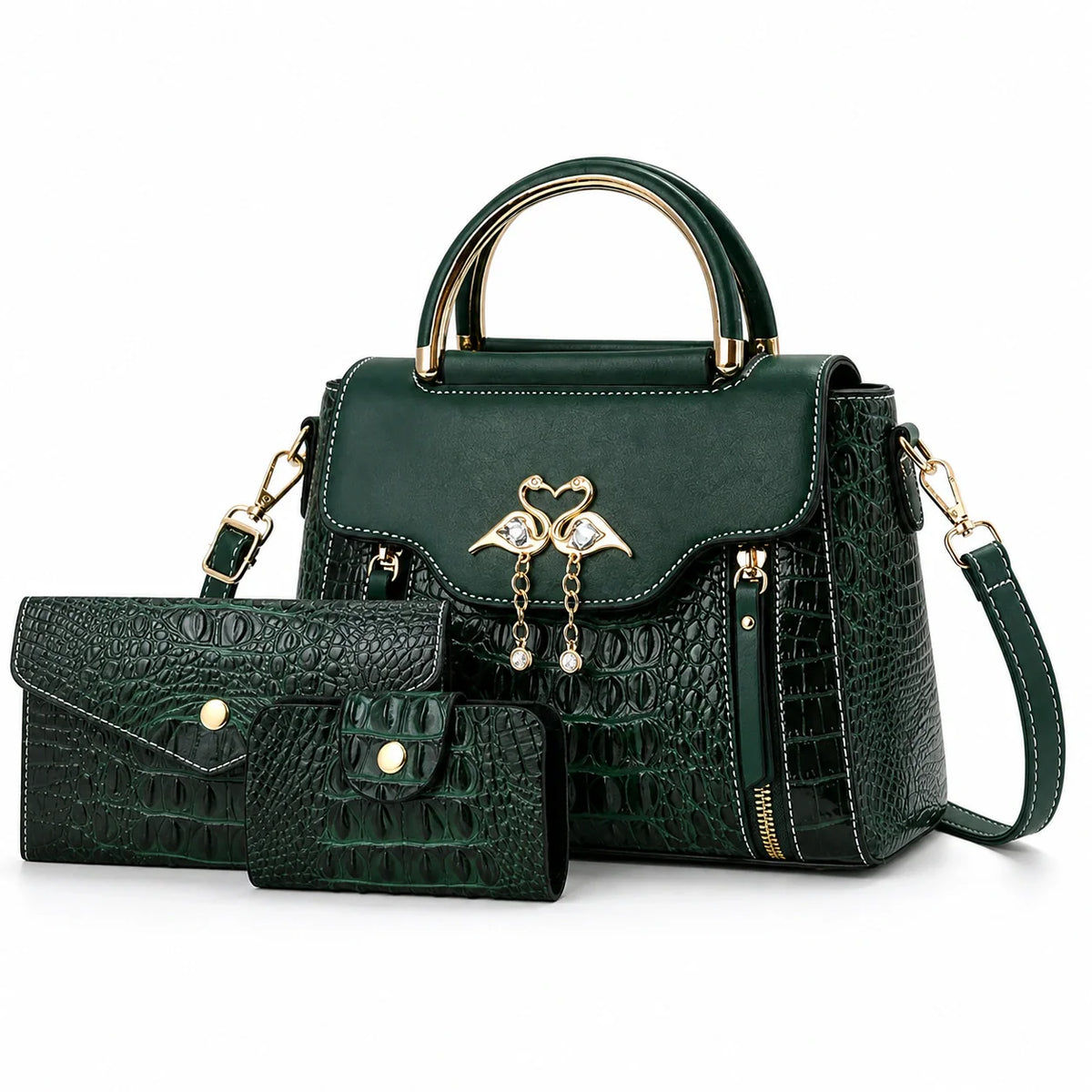 Crocodile Embossed Leather Handbag Set - Vexo
