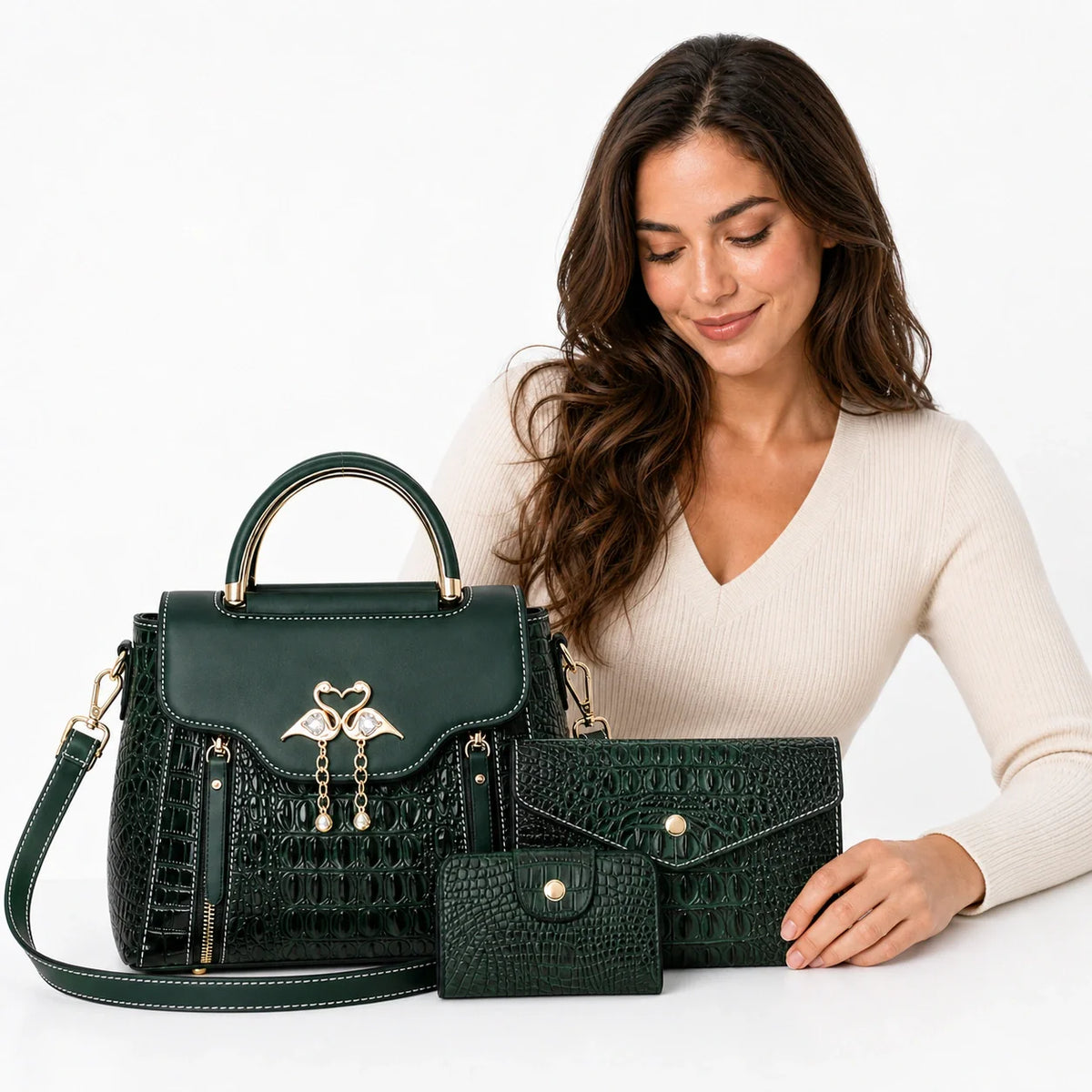 Crocodile Embossed Leather Handbag Set - Vexo