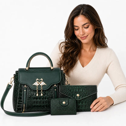 Crocodile Embossed Leather Handbag Set - Vexo