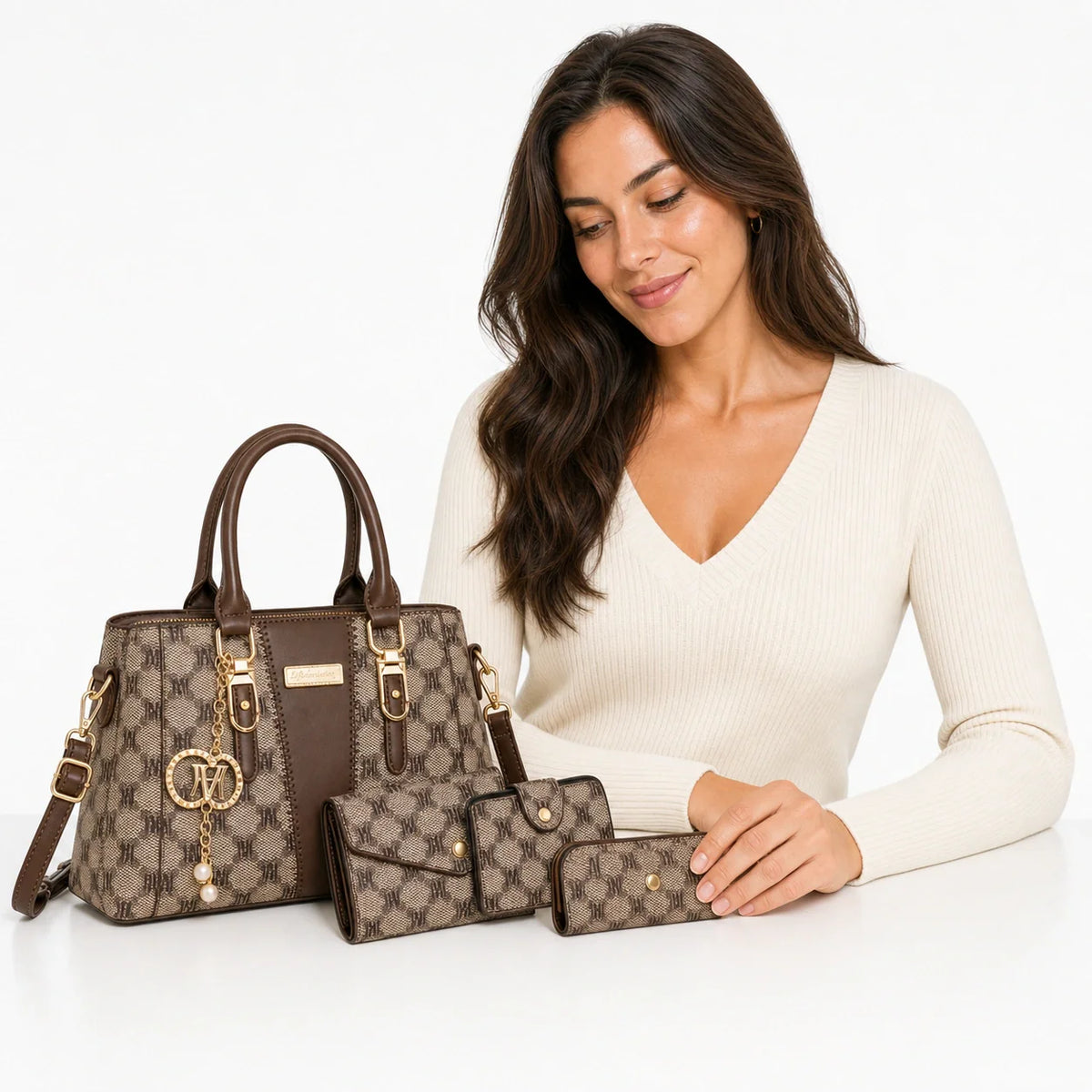 Leather Letter-Print Tote Set - Luvo