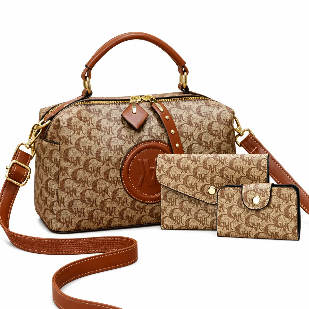 Boston Leather Bag in Beige - Bela Set (3 Pieces)