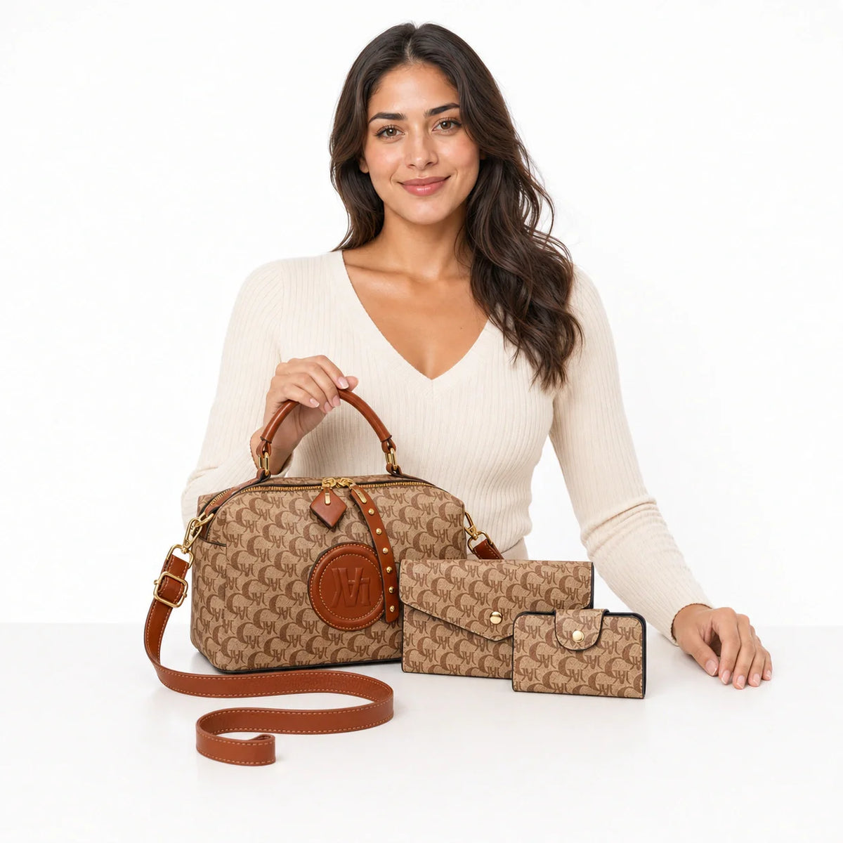 Boston Leather Bag in Beige - Bela Set (3 Pieces)