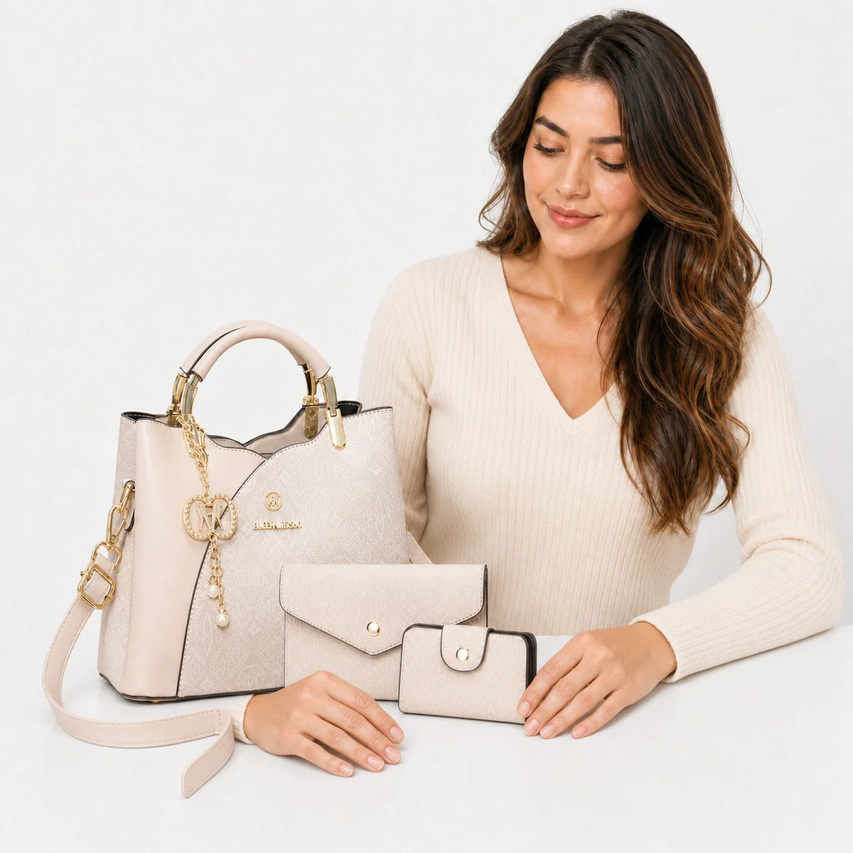 Leather Letter Print Handbag Set - Elys