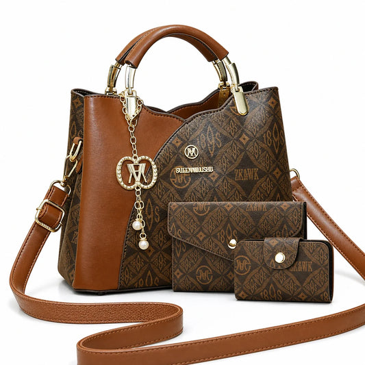 Leather Letter Print Handbag Set - Elys