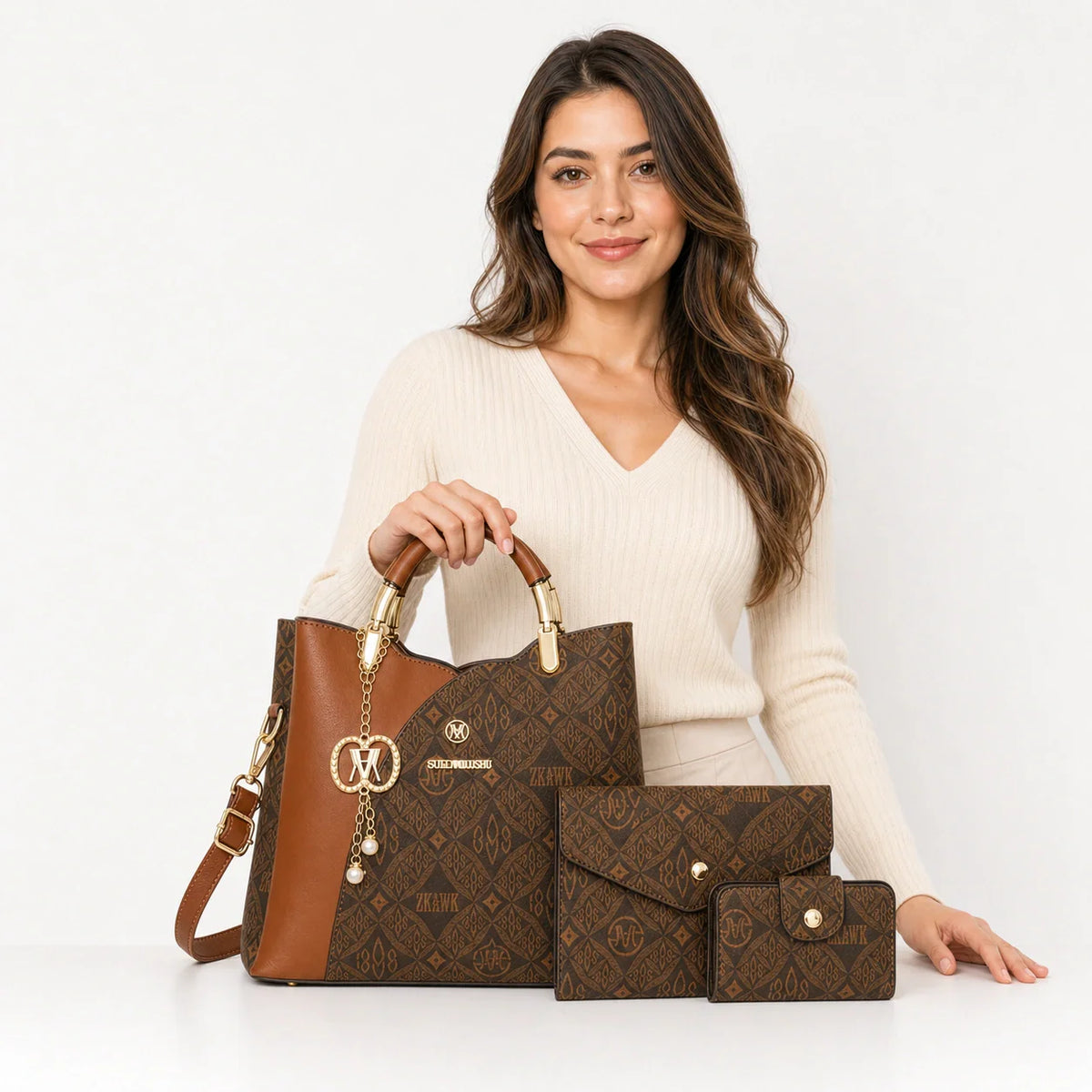 Leather Letter Print Handbag Set - Elys