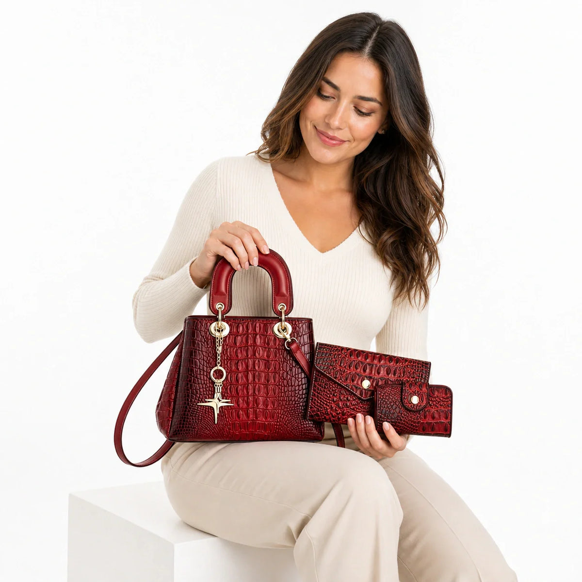 Crocodile-Embossed Leather Bag Set - Vex