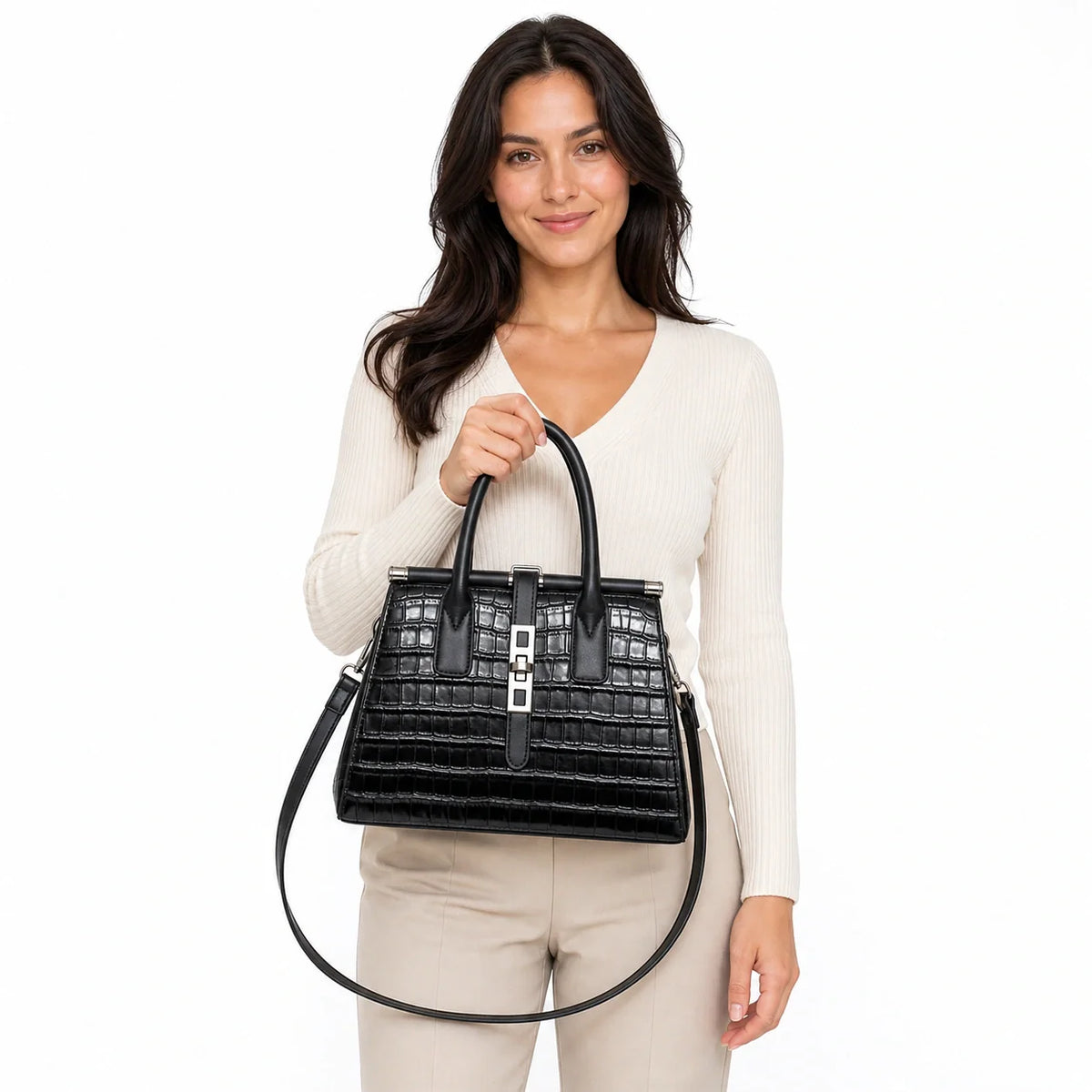 Gradient Crocodile Pattern Plutonium Leather Tote & Crossbody Set - Vero