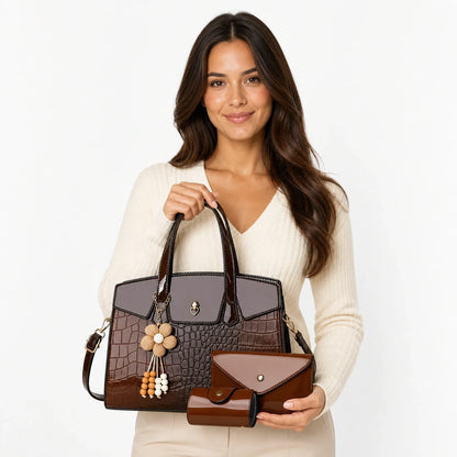 Crocodile Embossed Leather Tote Set - LURA