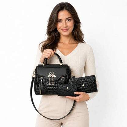 Crocodile Embossed Leather Handbag Set - Vexo