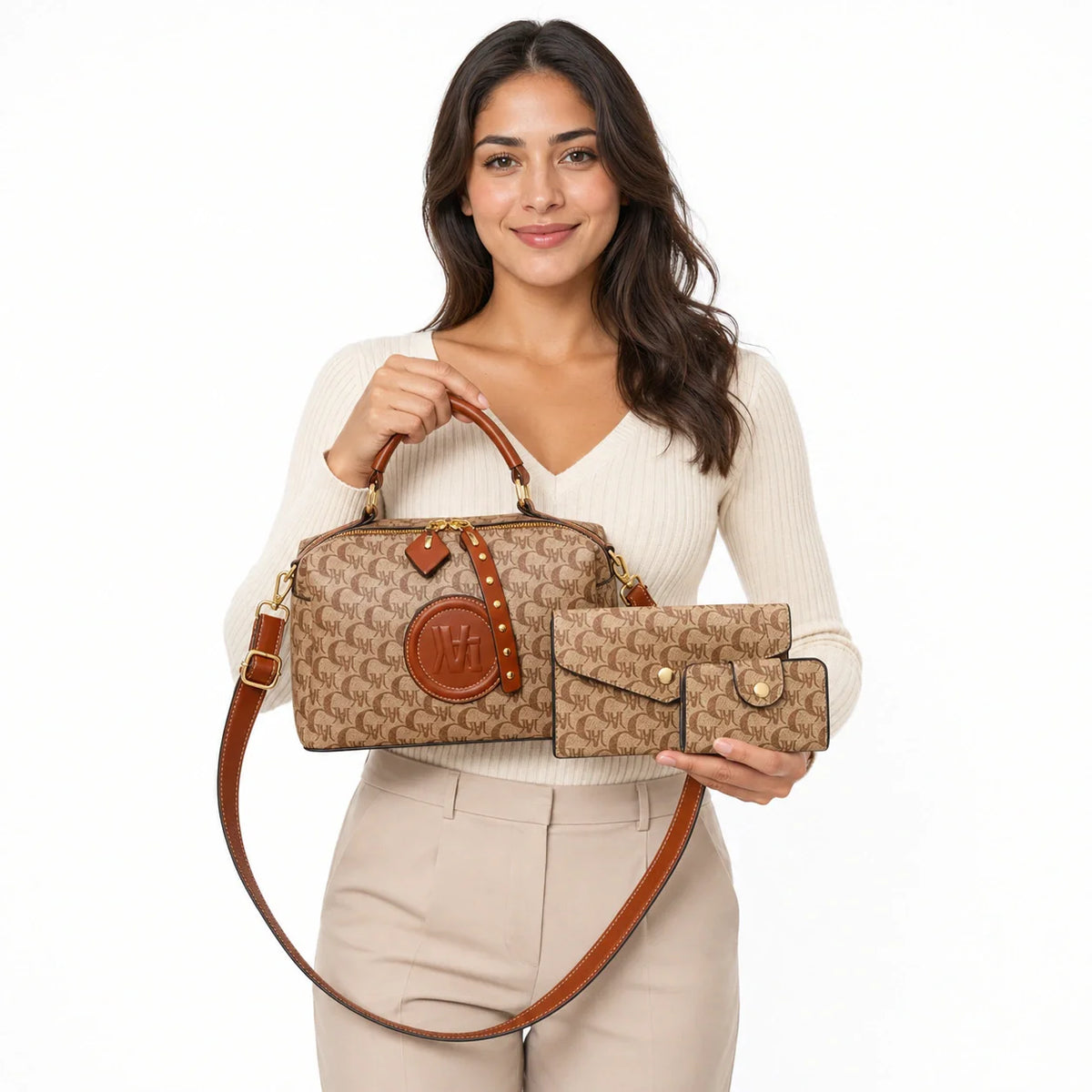 Boston Leather Bag in Beige - Bela Set (3 Pieces)