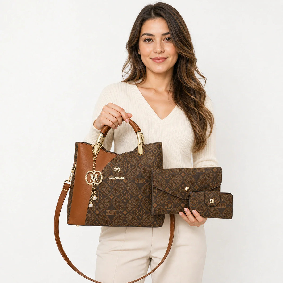 Leather Letter Print Handbag Set - Elys